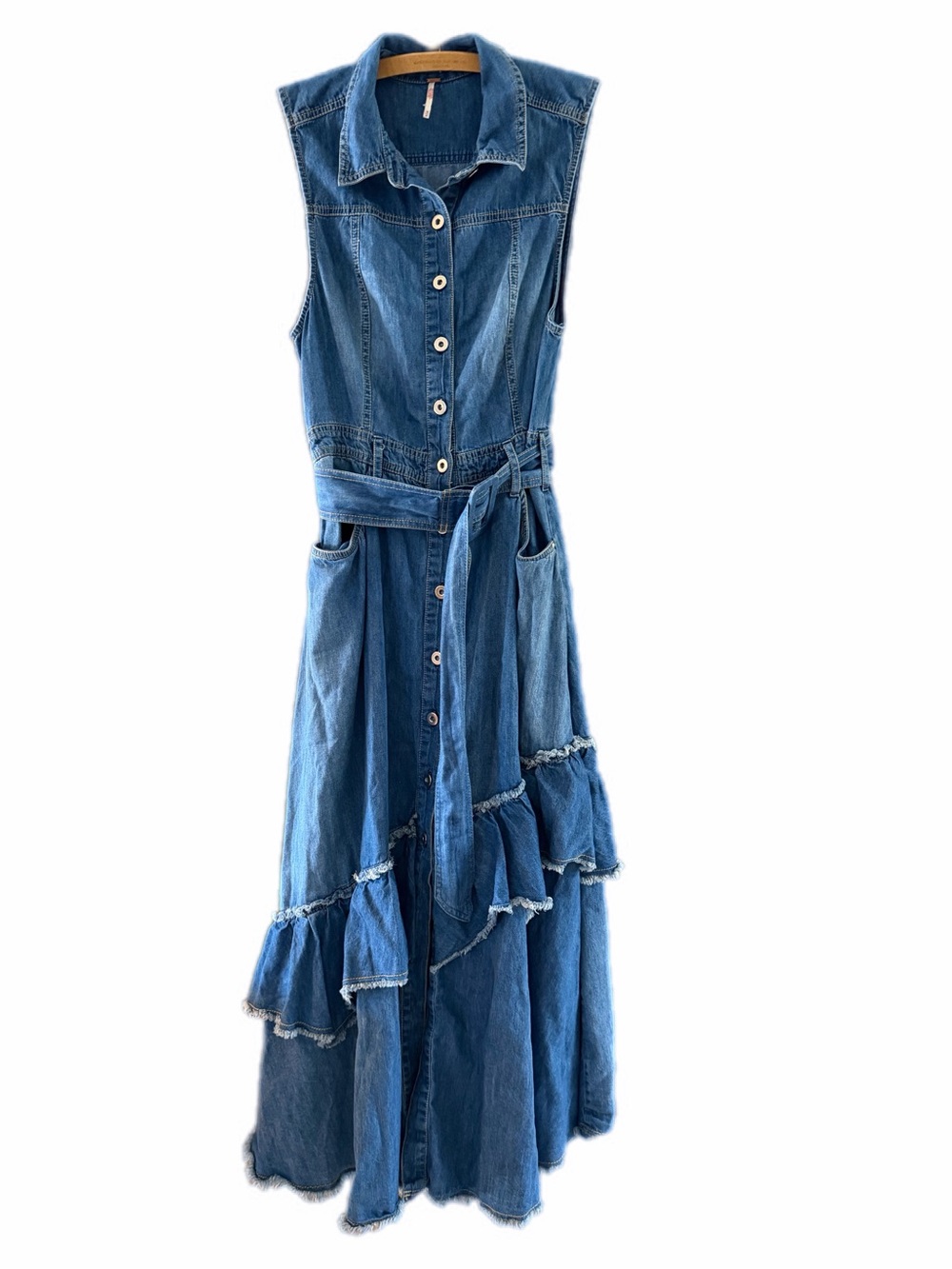 Free People Beau Midi denim asymmetrical tiered dress medium like new - Picture 15 of 16